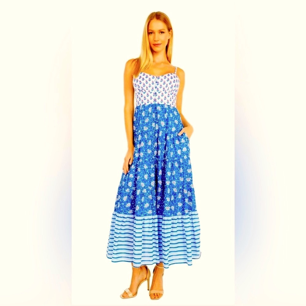 J. CREW Blue White Floral Block Print Smocked Patchwork CottonTiered Dress 4 NEW - Picture 2 of 11